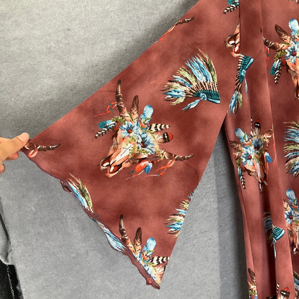 L&B Lucky &‎ Blessed Kimono Duster Sz S Brown Bull Skull Headdress Boho Festival - Picture 2 of 12